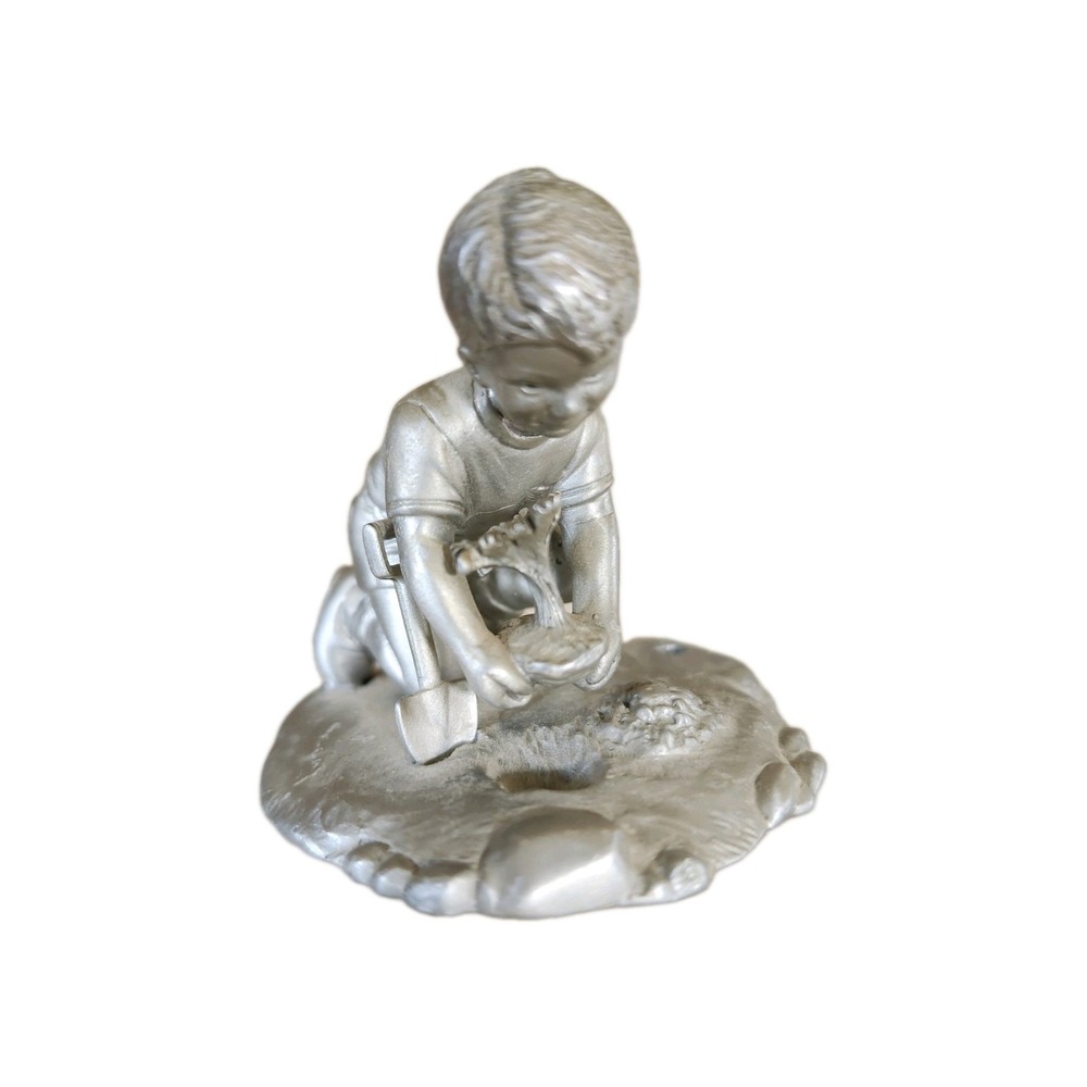 Vintage James Jewelers Pewter Figurine Boy Planting Flowers 1987